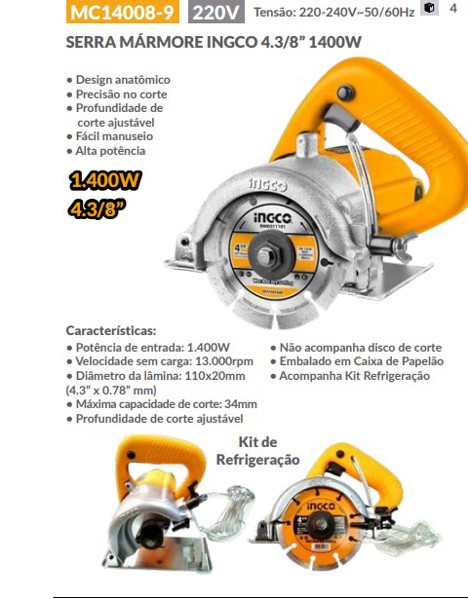 SERRA MARMORE 110MM COM 1400W INGCO - MC14008-9