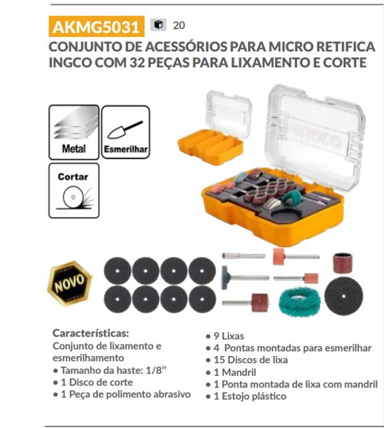 JOGO DE 32PCS COM ACESSORIOS PARA MICRORRETIFICA INGCO - AKMG5031