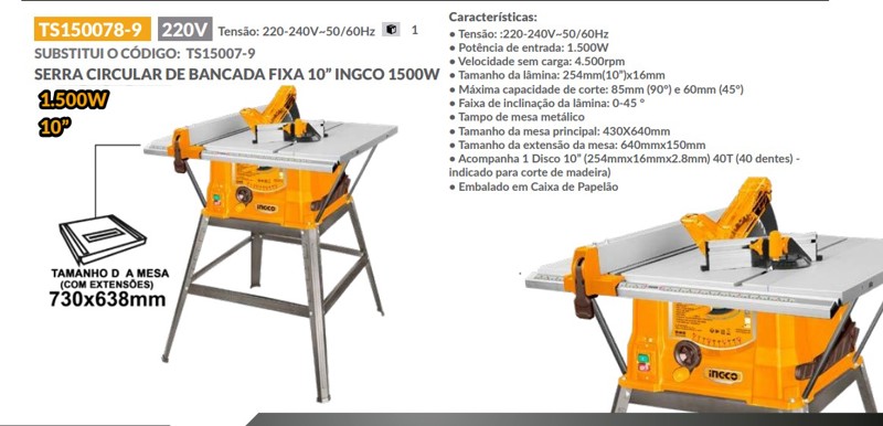 SERRA MESA BANCADA 10" COM 1500W INGCO - TS150078-9