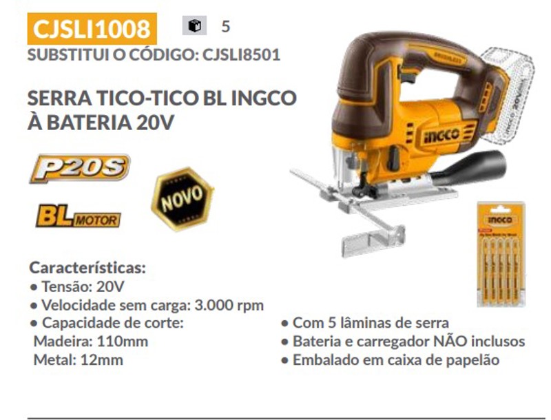 SERRA TICO TICO A BATERIA 20V INGCO - CJSLI1008