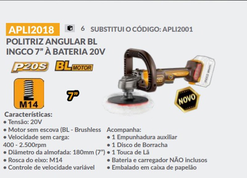 POLITRIZ LIXADEIRA 7" BATERIA 20V INGCO - APLI2018