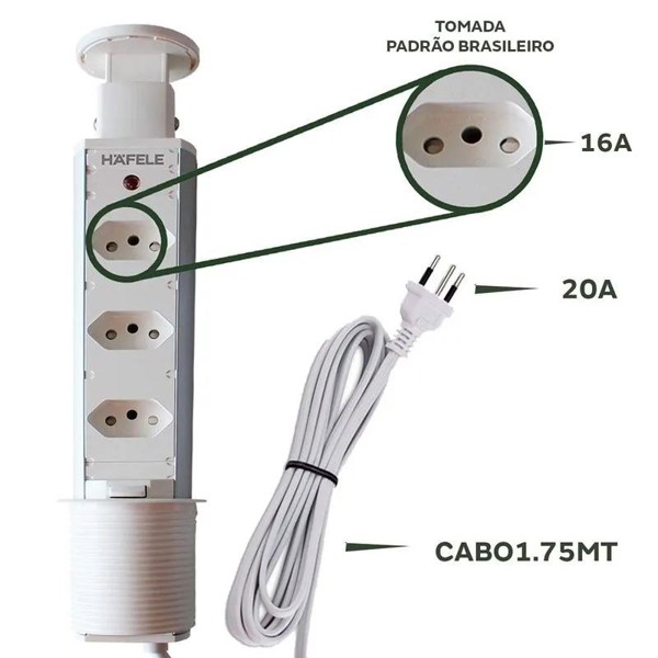 TORRE POWER PLUG COM 03 TOMADAS HAFELE - 822.91.140 BRANCA