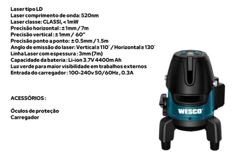 NIVEL A LASER VERDE ROTATIVO DE 7MTS COM MALETA WESCO - WS8911K