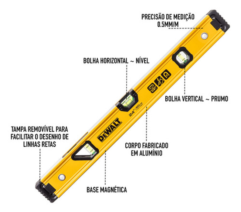 NIVEL 03 BOLHAS  BASE MAGNETICA DE ALUMINIO 24" 60CM DEWALT - DWHT42807