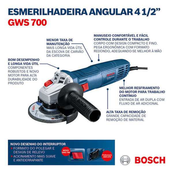 ESMERILHADEIRA ANGULAR 4.1/2'' COM 710W GWS700 BOSCH - 06013A30E0000 220V