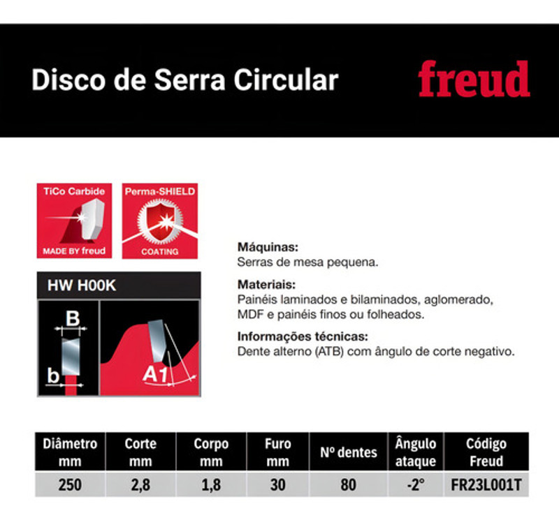 DISCO CORTE MDF DE 250MM COM 80 DENTES ALTERNADOS FREUD - FR23L001T VERMELHO