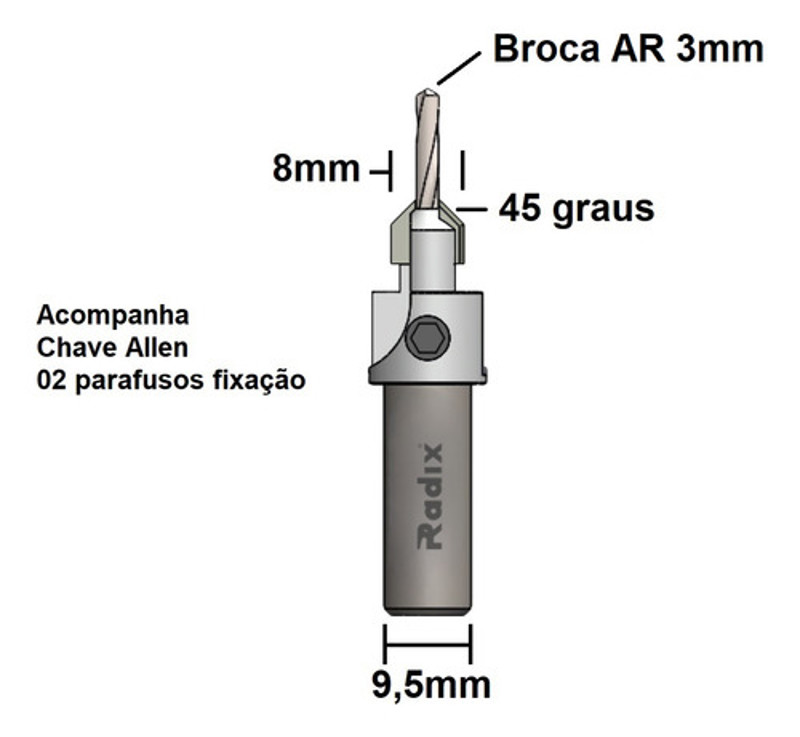 ESCAREADOR CONICO RADIX DE 8MM COM BROCA 3,0MM - 22A0830.04