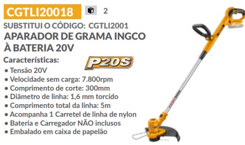 APARADOR DE GRAMA BATERIA 20V INGCO - CGTLI20018