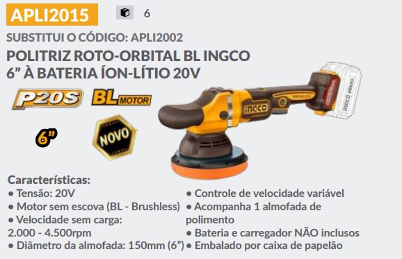 POLITRIZ LIXADEIRA 6" BATERIA 20V INGCO - APLI2015