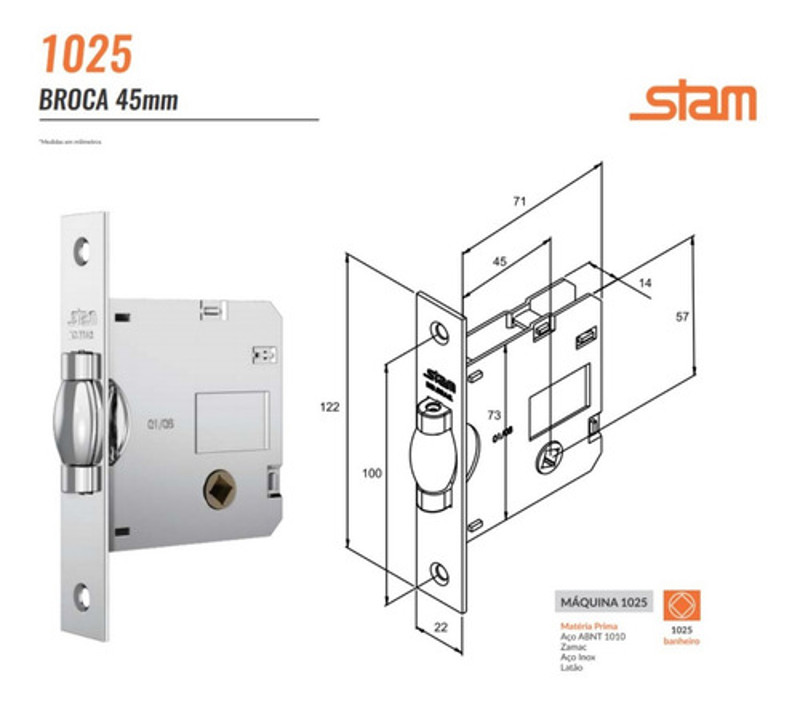 FECHADURA DE BANHEIRO PIVOTANTE COM ROSETA QUADRADA STAM - 1025 WC ESCOVADA