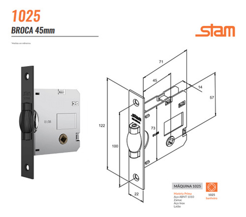 FECHADURA DE BANHEIRO PIVOTANTE COM ROSETA QUADRADA STAM - 1025 WC PRETA