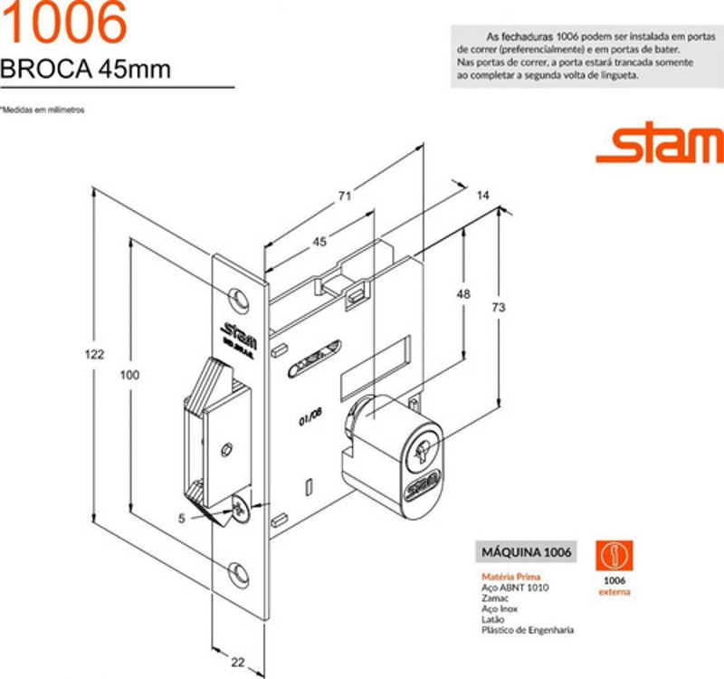 FECHADURA DE CORRER COM ROSETA (ASA AVIAO) STAM - QUADRADA 1006 ESCOVADA