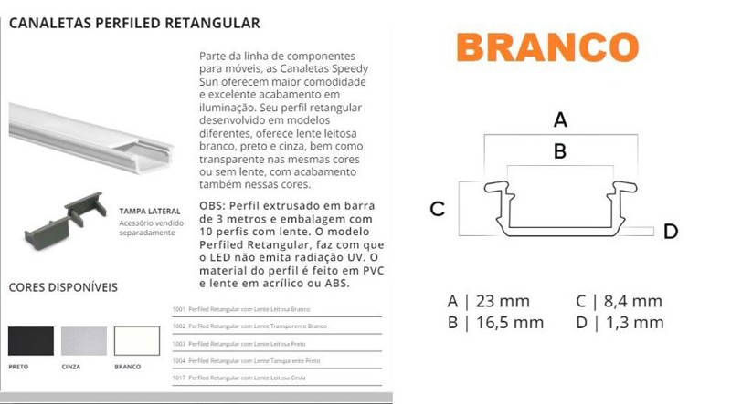 PERFIL EMBUTIR ABS PARA FITA LED COM DIFUSOR - BARRA 03 METROS - COR: ALUMINIO -10241