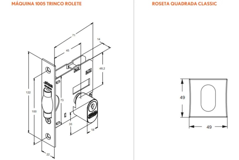 FECHADURA PIVOTANTE COM ROSETA QUADRADA STAM - 1005 DE 45MM ESCOVADA