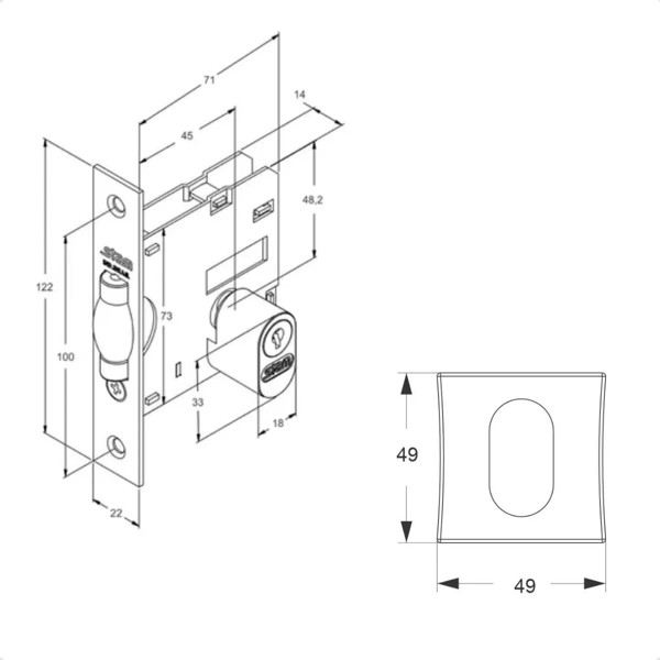 FECHADURA PIVOTANTE COM ROSETA QUADRADA STAM - 1005 DE 45MM ESCOVADA
