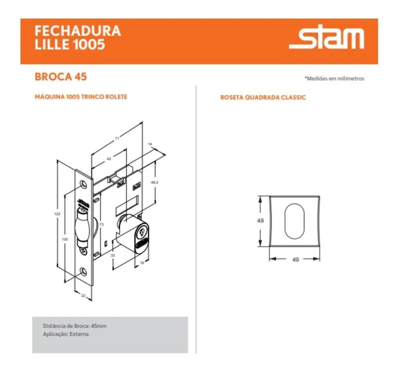 FECHADURA PIVOTANTE COM ROSETA QUADRADA STAM - 1005 DE 45MM CROMADA
