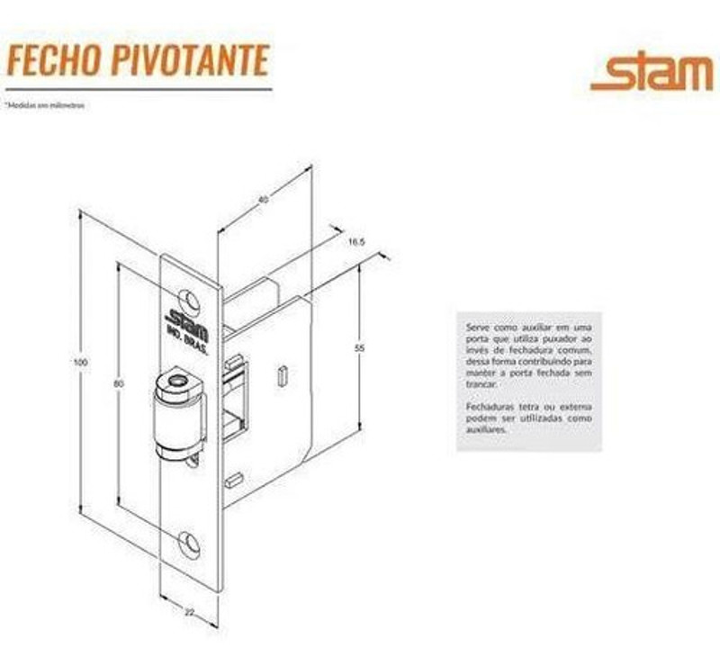 FECHADURA PIVOTANTE AUXILIAR FECHO ROLETE CROMADA STAM