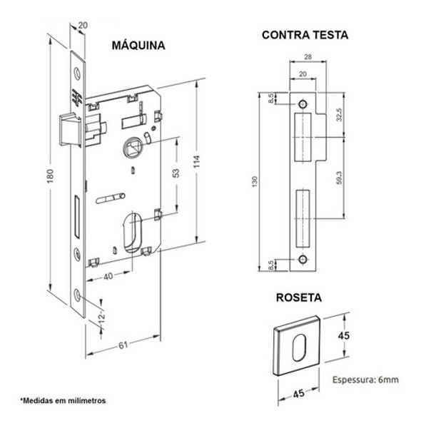 FECHADURA DE BANHEIRO "119" COM ROSETA QUADRADA 3F - 740B119CR CROMADA