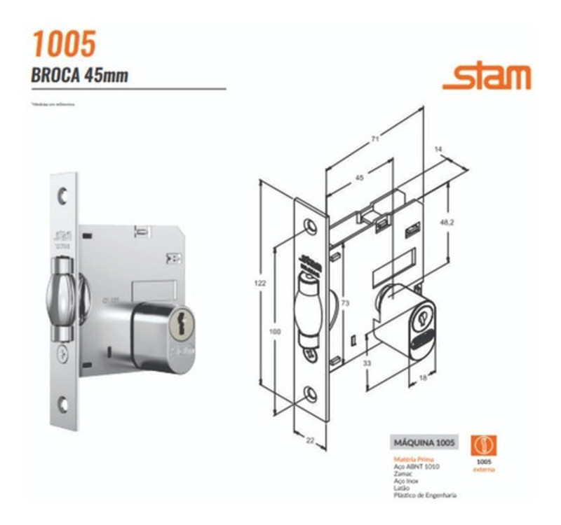 FECHADURA PIVOTANTE COM ROSETA QUADRADA STAM - 1005 DE 45MM ESCOVADA