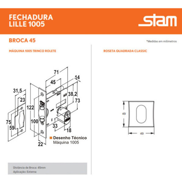 FECHADURA PIVOTANTE COM ROSETA QUADRADA STAM - 1005 DE 45MM CROMADA