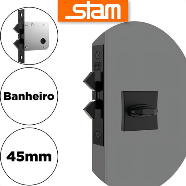 FECHADURA DE CORRER PARA BANHEIRO (ASA AVIAO) STAM - 1006S WC QUADRADA PRETA