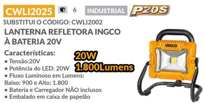 LANTERNA REFLETOR DE LED INGCO BATERIA 20V 1800 LUMENS - CWLI2025
