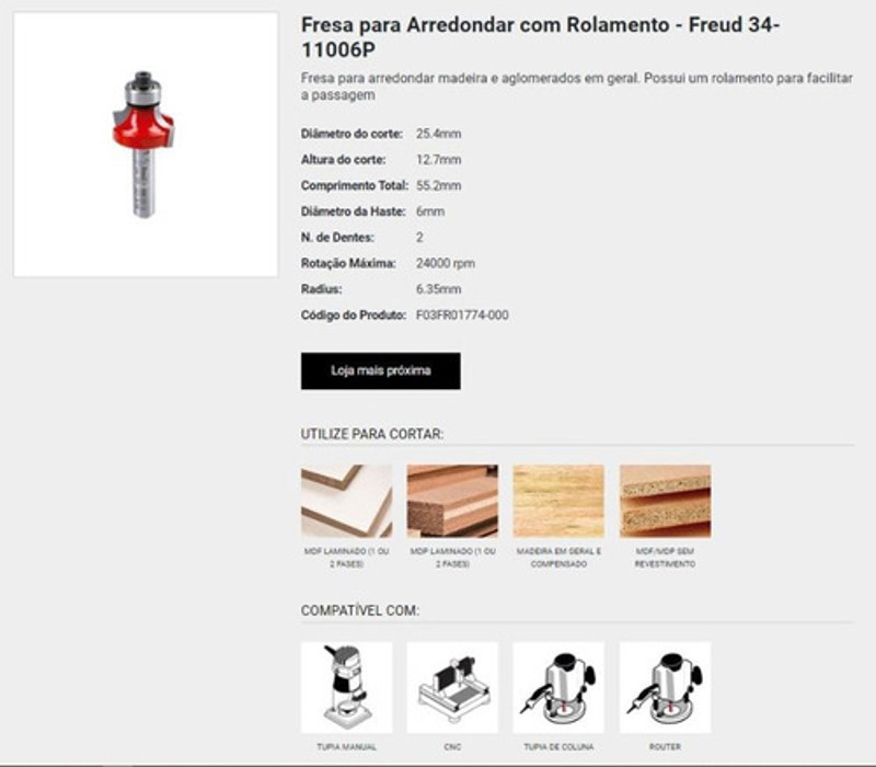 FRESA DE ARREDONDAR D-25.4MM COM ROLAMENTO E HASTE DE 6MM FREUD - 34-11006P