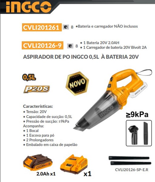 ASPIRADOR DE PO BATERIA 20V COMPLETO INGCO - CVLI20126-9