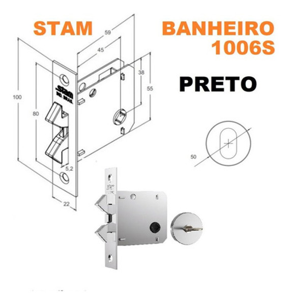 FECHADURA DE CORRER PARA BANHEIRO (ASA AVIAO) STAM - 1006S WC QUADRADA PRETA