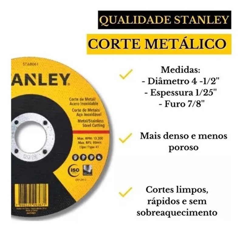 DISCO CORTE DE 115MM PARA INOX E FERRO STANLEY - STA8061
