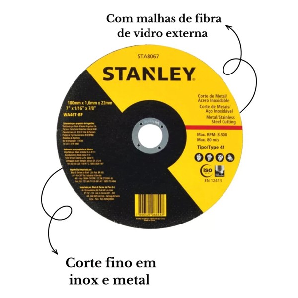 DISCO CORTE DE 7'' 180MM PARA INOX E FERRO STANLEY - STA8067