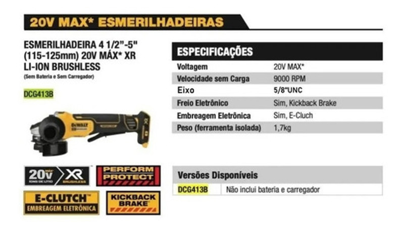ESMERILHADEIRA ANGULAR 4.1/2'' BATERIA 20V DEWALT - DCG413B-B2