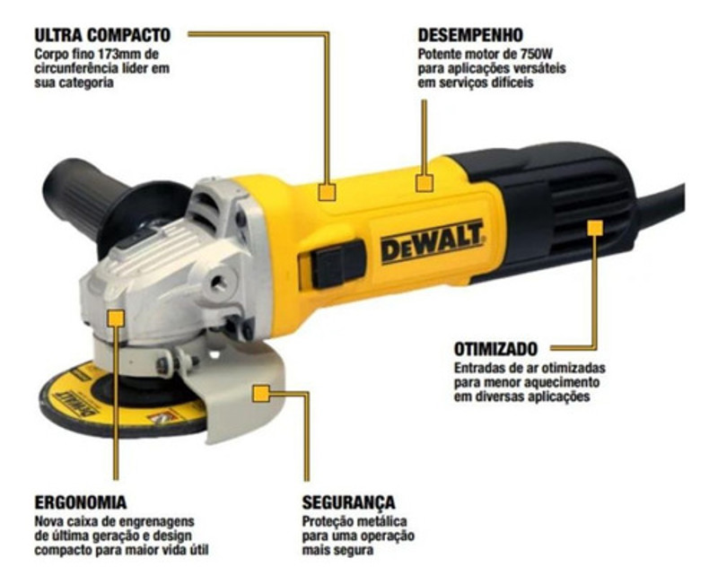 ESMERILHADEIRA ANGULAR 4.1/2'' COM 750W ULTRA COMPACTAR DEWALT - DWE750-B2 220V