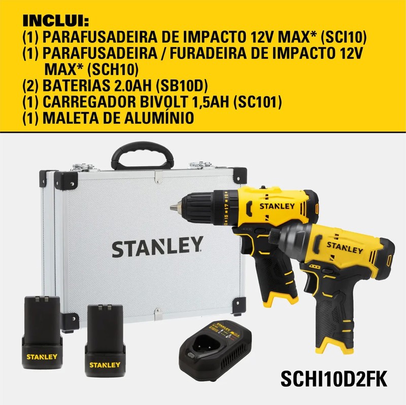 KIT 02 PARAFUSADIRAS 12V SCI10  SCH10) COM MALETA STANLEY - SCHI10D2FK -BR