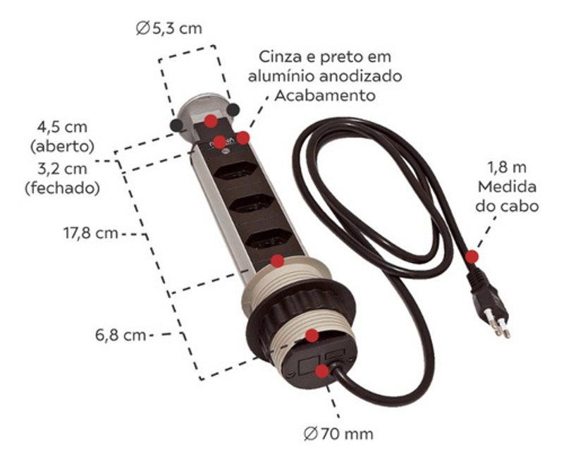 TORRE MULTIPLUG COM 03 TOMADAS SEM USB RENNA - PRATA - 3.650.1615