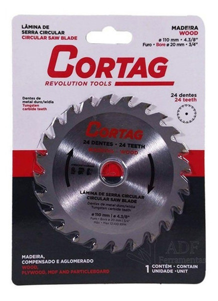 DISCO CORTE MADEIRA DE 110MM COM 24 DENTES CORTAG - 60864