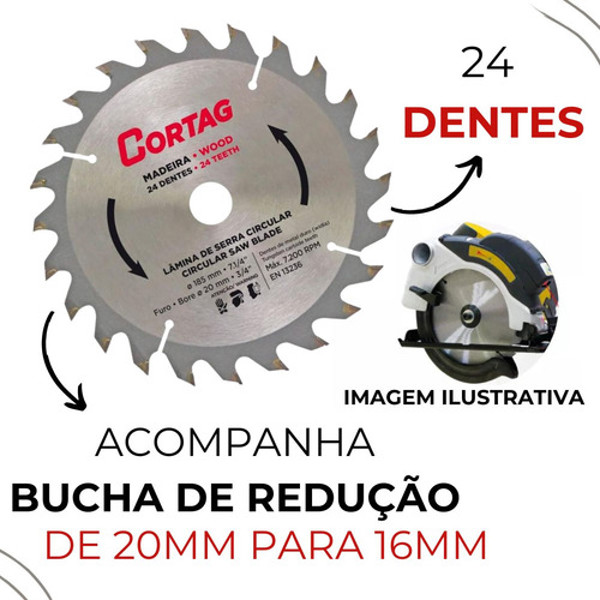 DISCO CORTE MADEIRA DE 185MM COM 24 DENTES CORTAG - 60753