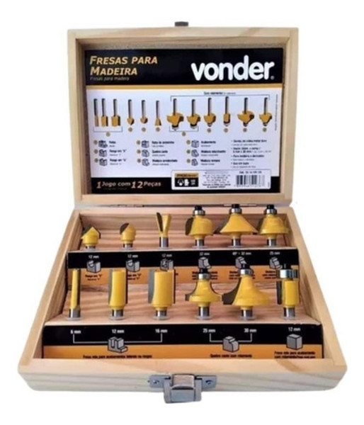 JOGO DE 12PCS COM FRESAS PARA MADEIRA E CAIXA VONDER - 53.14.12.0120