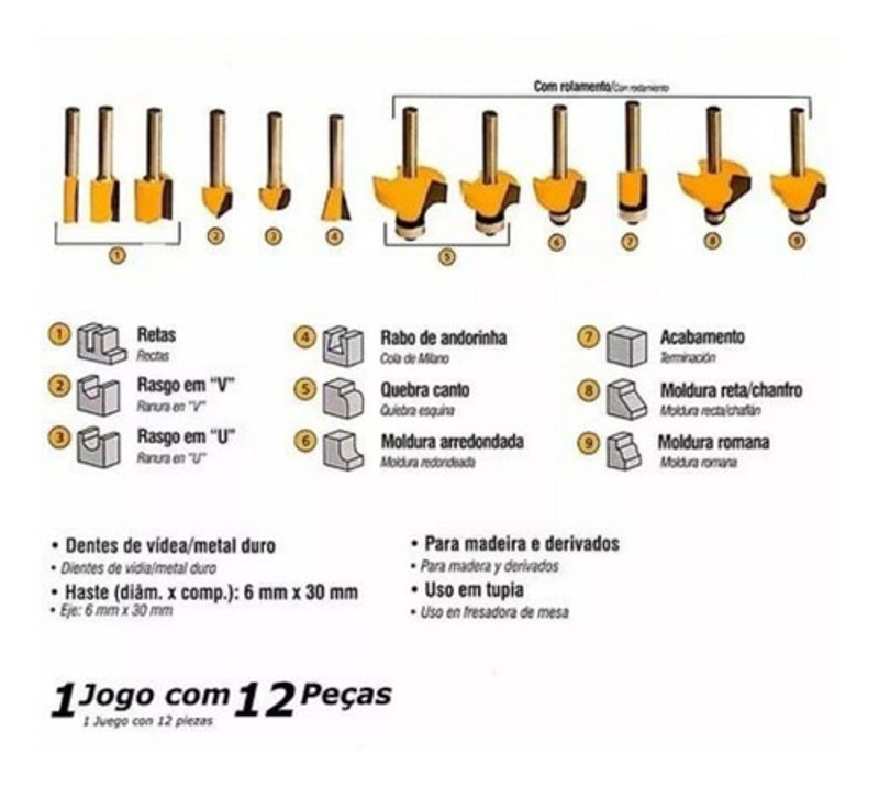 JOGO DE 12PCS COM FRESAS PARA MADEIRA E CAIXA VONDER - 53.14.12.0120