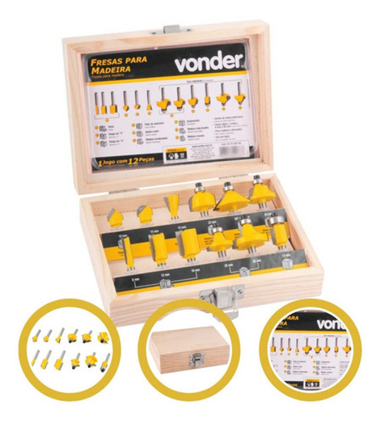 JOGO DE 12PCS COM FRESAS PARA MADEIRA E CAIXA VONDER - 53.14.12.0120
