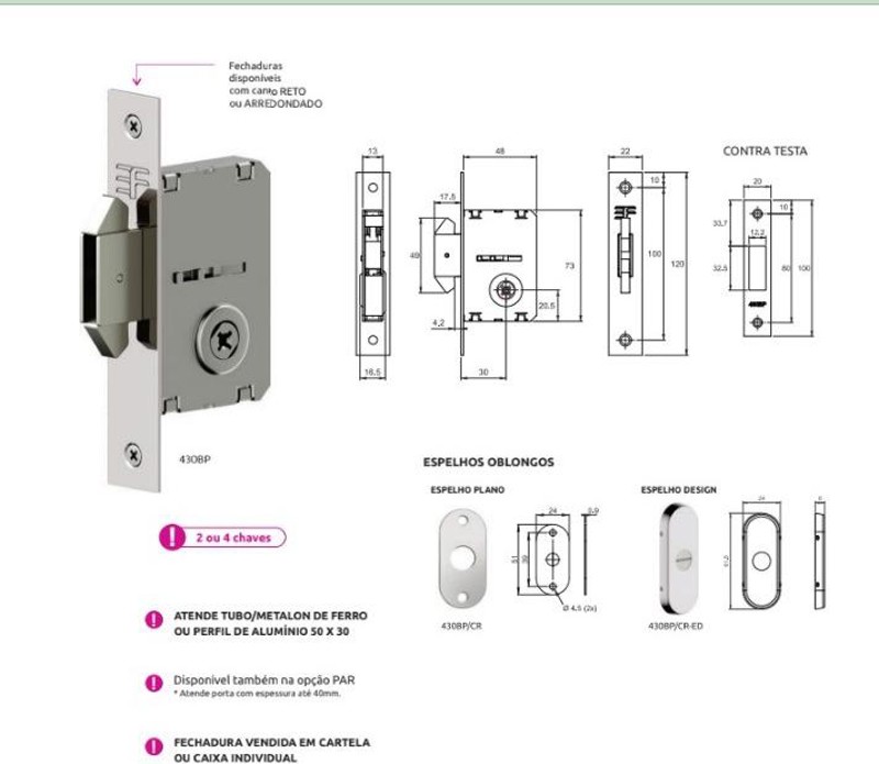 FECHADURA AUXILIAR TETRA SIMPLES OVAL DA 3F - 430BP/CR-ED