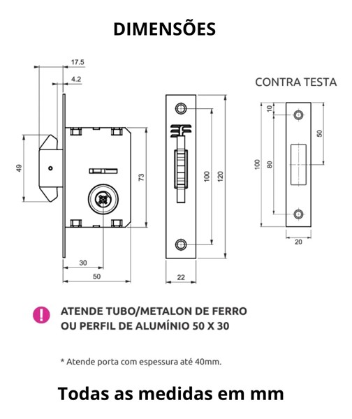 FECHADURA AUXILIAR TETRA SIMPLES OVAL DA 3F - 430BP/CR-ED