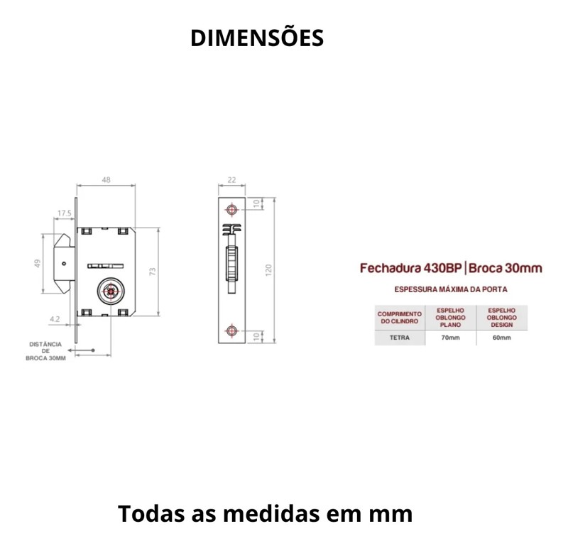 FECHADURA AUXILIAR TETRA SIMPLES OVAL DA 3F - 430BP/CR-ED