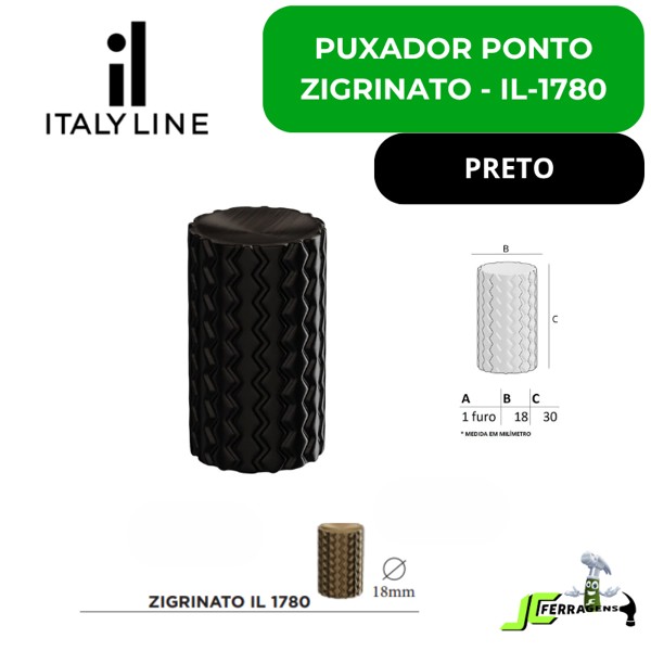 PUXADOR ITALYLINE PONTO ZIGRINATO 18X30 - IL1780 PRETO (25019)