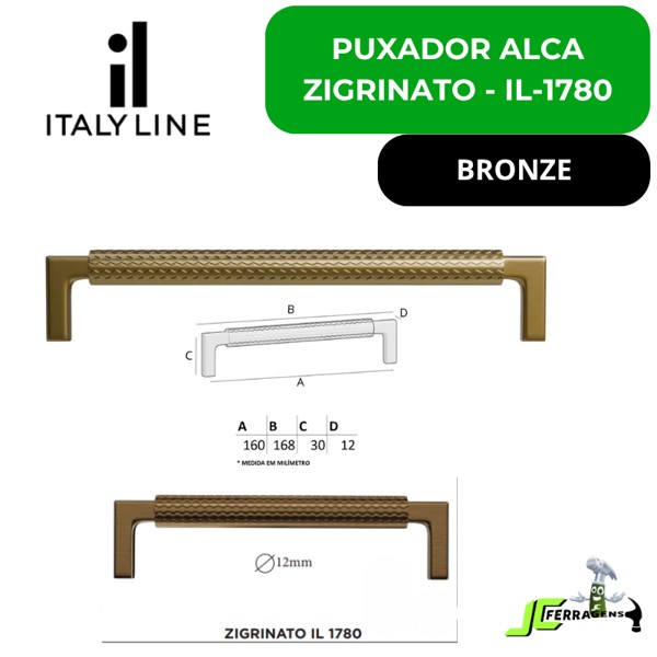 PUXADOR ITALYLINE ALCA ZIGRINATO - IL1780 160MM BRONZE (25015)