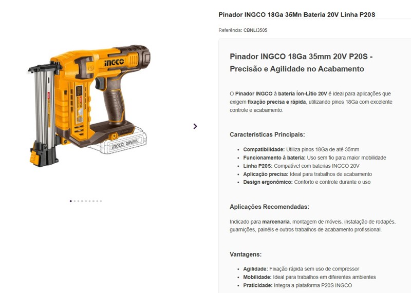 PINADOR INGCO 18GA 35MM BATERIA 20V -  CBNLI3505