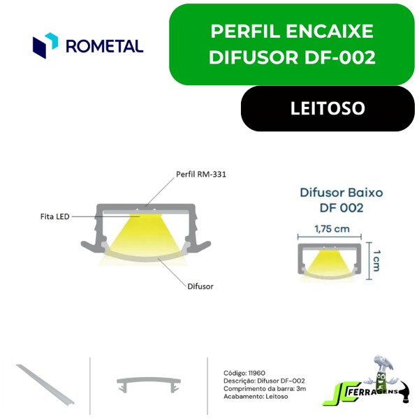 PERFIL DIFUSOR ROMETAL PARA PERFIL DE LED DF-002 - UTILIZAR PERFIL RM-331/RM - 329 BARRA COM 03 METROS