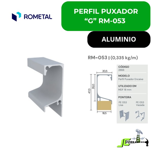 PERFIL PUXADOR "G " DE 18MM ROMETAL RM-053 - ALUMINIO G18 - BARRA 06 METROS