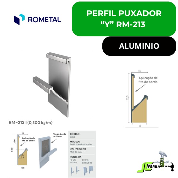 PERFIL PUXADOR "Y" DE 15MM ROMETAL RM-213 - ALUMINIO Y15 - BARRA 06 METROS