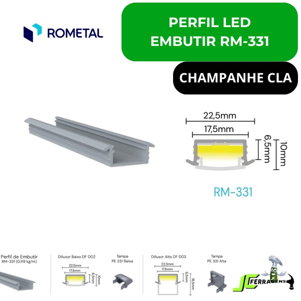 PERFIL ROMETAL EMBUTIR PARA FITA DE LED RM-331 UTILIZAR COM DF- 002 - BARRA COM 06 METROS COR: CHAMPANHE CLARO